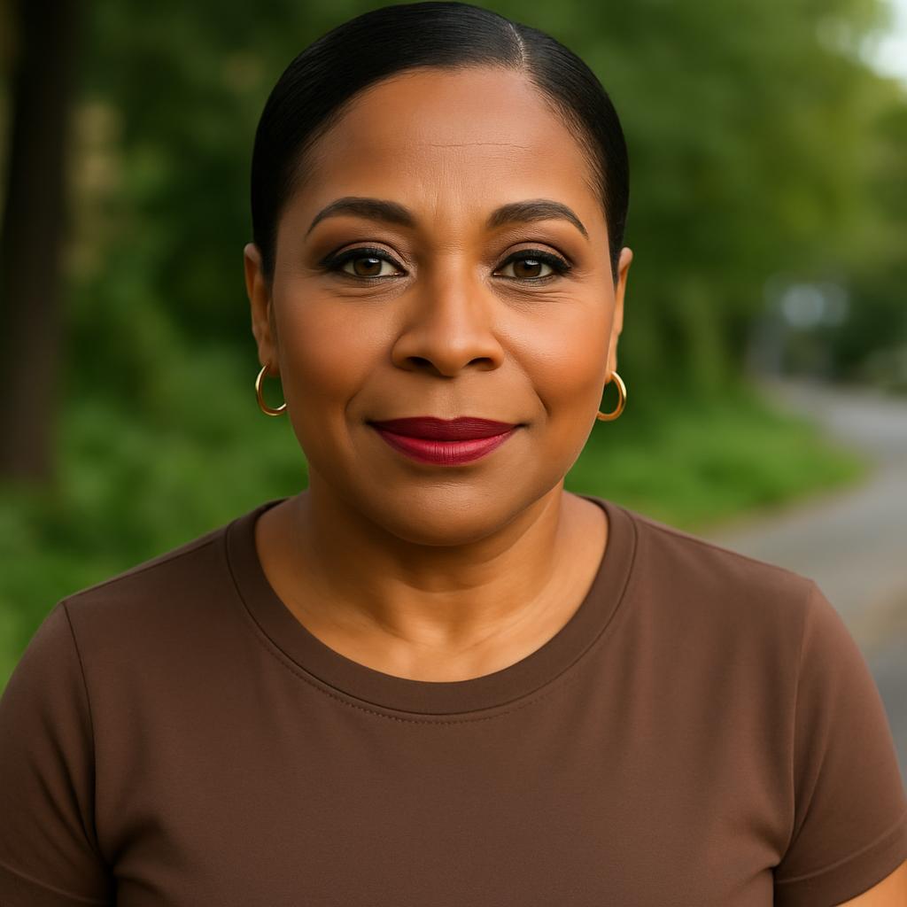 A portrait of a woman with dark skin, black hair and eyes, and dark red lipstick, wearing a brown T-shirt.