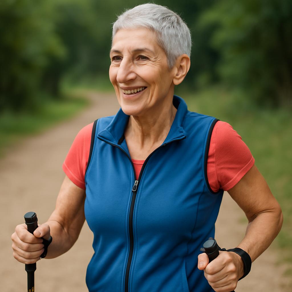 A mulher idosa na imagem está usando aparelhos podólogos enquanto ANDA pela trilha com um guarda-chuva à mão."