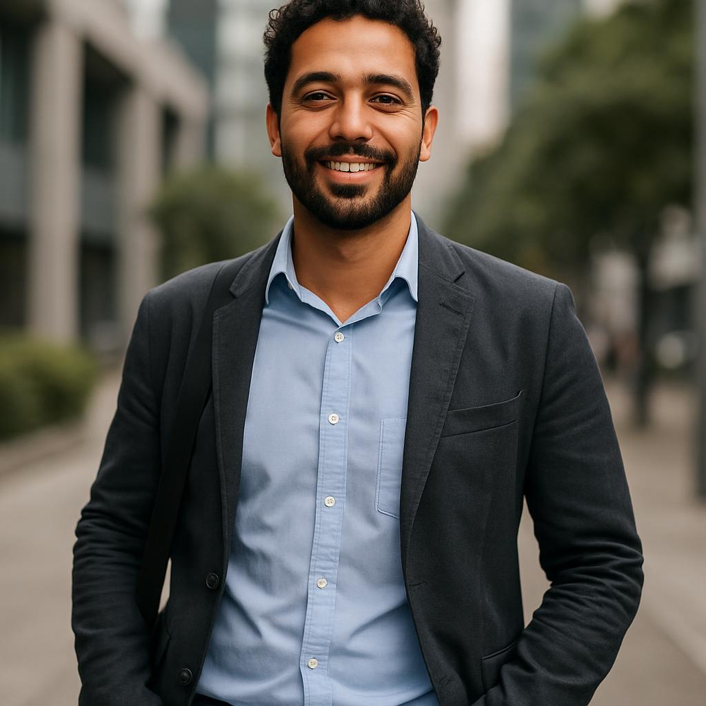 Image Description: A man with dark skin and short, curly hair, dressed in a dark suit jacket and a light blue collared shi...