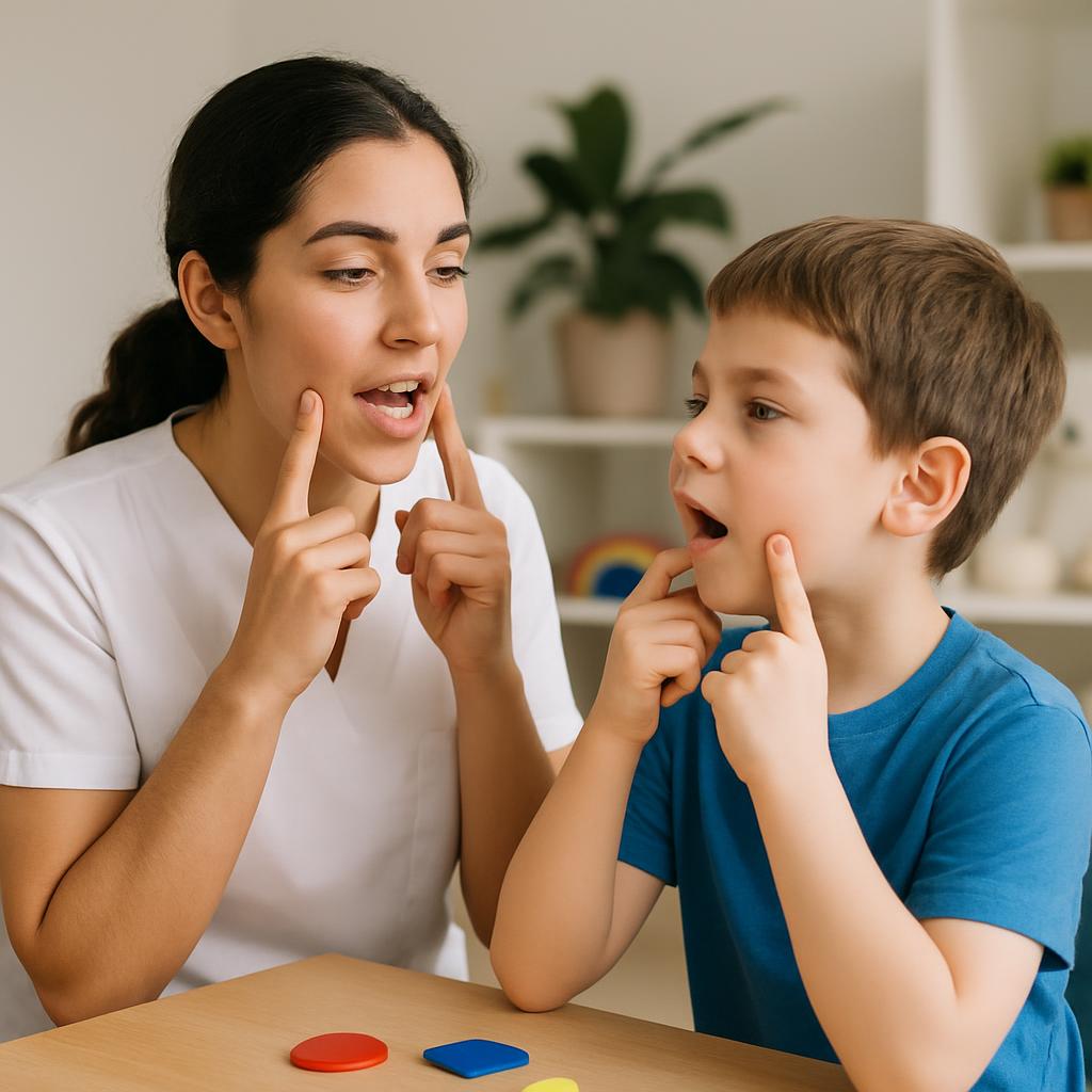 The woman and boy are engaging in a playful gesture, touching their chins with their index fingers while making a surprise...