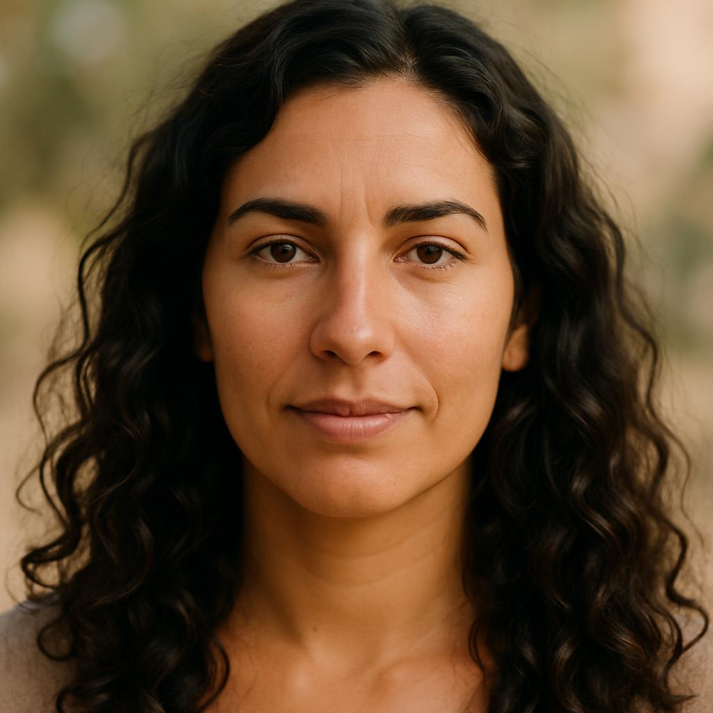 "Uma mulher com cabelos escuridão escuro e óculos, tendo um olhar sério, está isolada, suspenso por luzes faiblar em uma e...