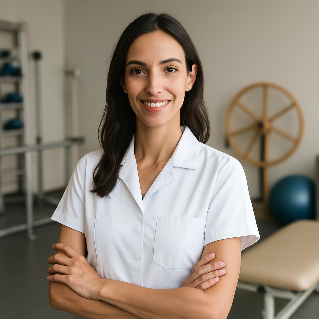 Uma mulher médica com um sorriso alegre, usando um jaleco branco.