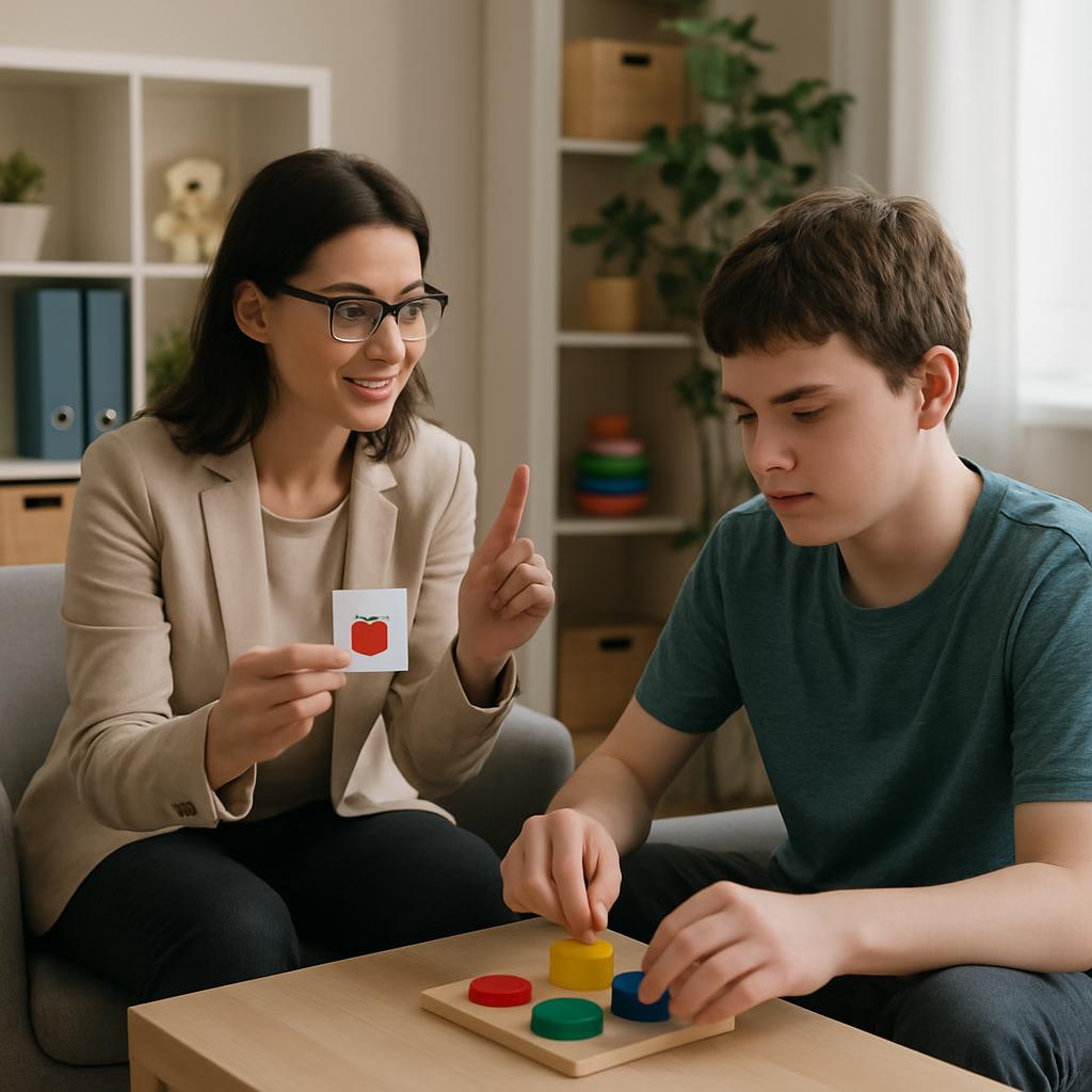 O rimador estudos mostrados seguran com um terapeuta ocupacional e seu paciente trabalhando juntos em uma atividade de tra...