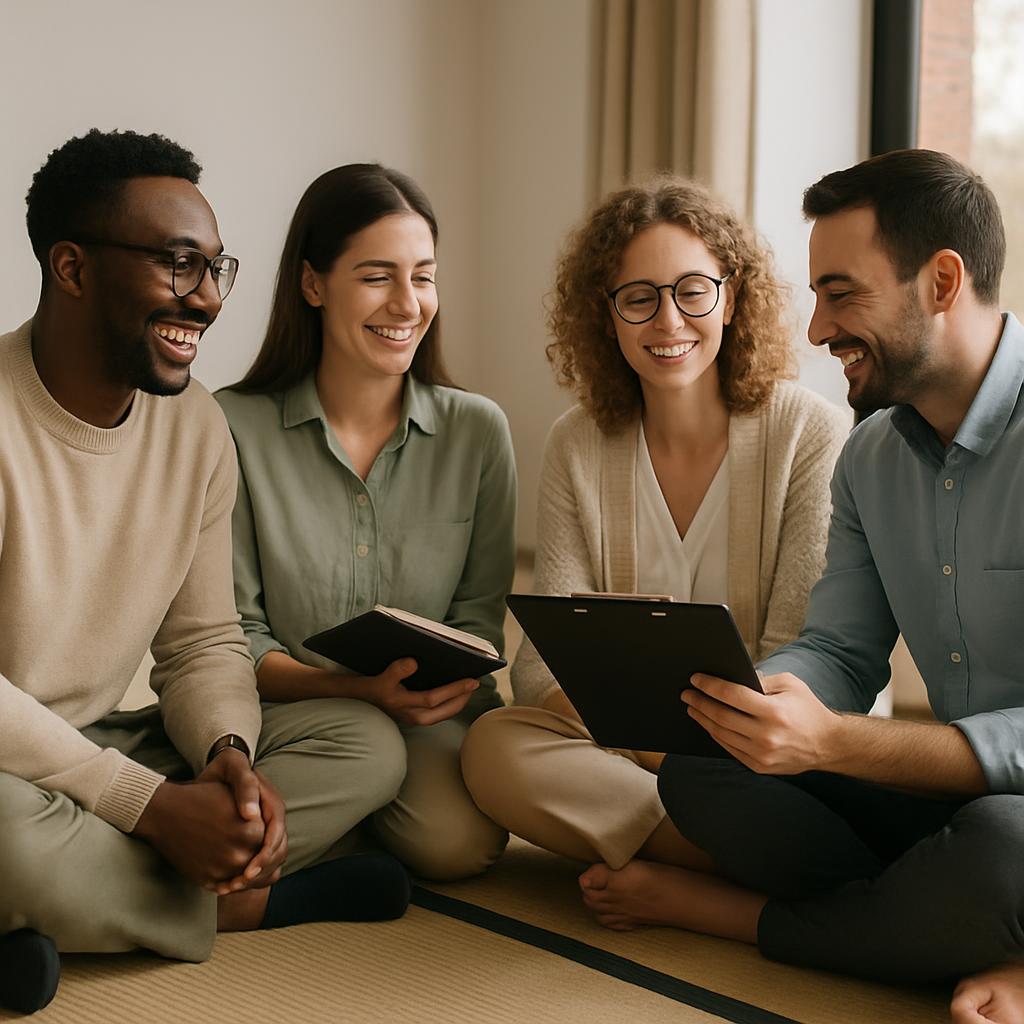Um grupo de quatro pessoas em uma varanda, usando óculos de sol, conversando e sorrindo